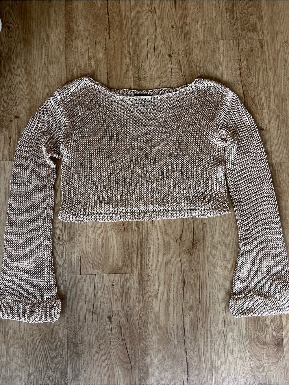 PrettyLittleThing Rose Gold Metallic Open Knit Crop Sweater S